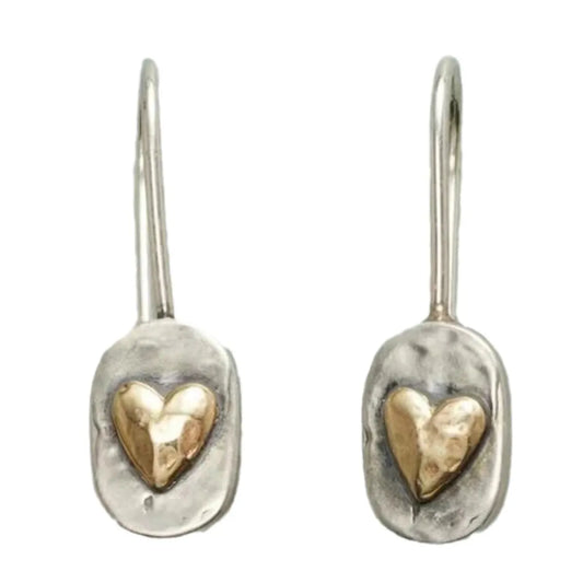 Pendientes con Colgante de Corazón Dorado en Plata Vintage