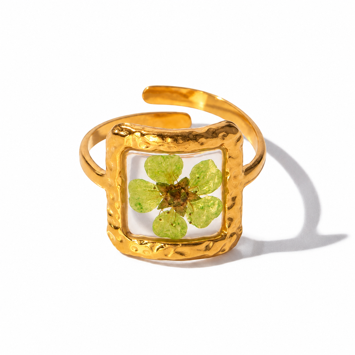 Anillo de Declaración Femenino con Motivo Floral y Inserción Transparente