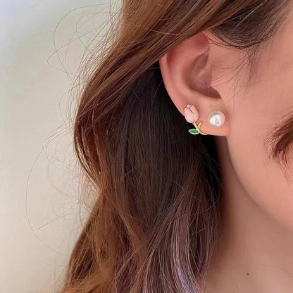 Pendientes de Perlas con Tulipanes - Pendientes de Perlas con Flores Violeta