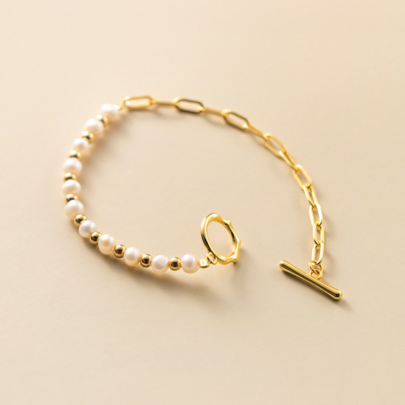 Pulsera de Perlas a Mitad - Pulsera de Eslabones con Perlas a Mitad