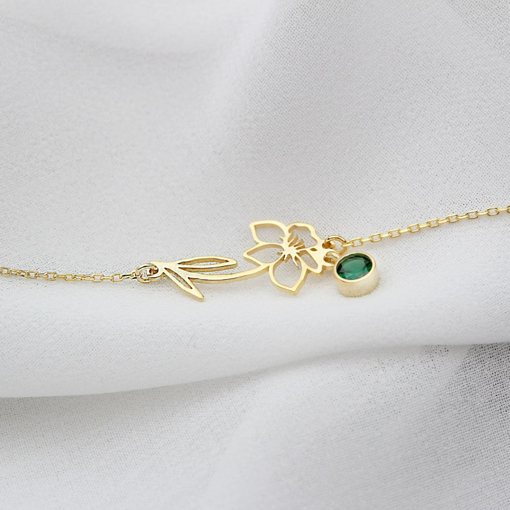 Pulsera de Cumpleaños Flor - Pulsera con Piedra de Nacimiento y Flor