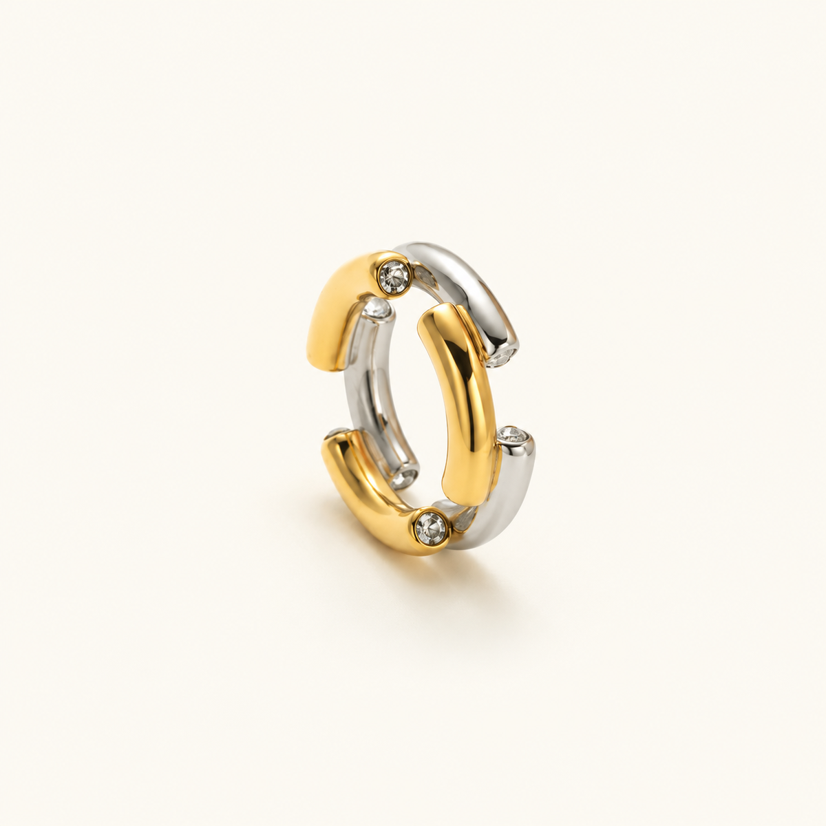 Anillo Doble Hoop de Damas con Acentos de Piedra y Diseño Bicolor Contrastante