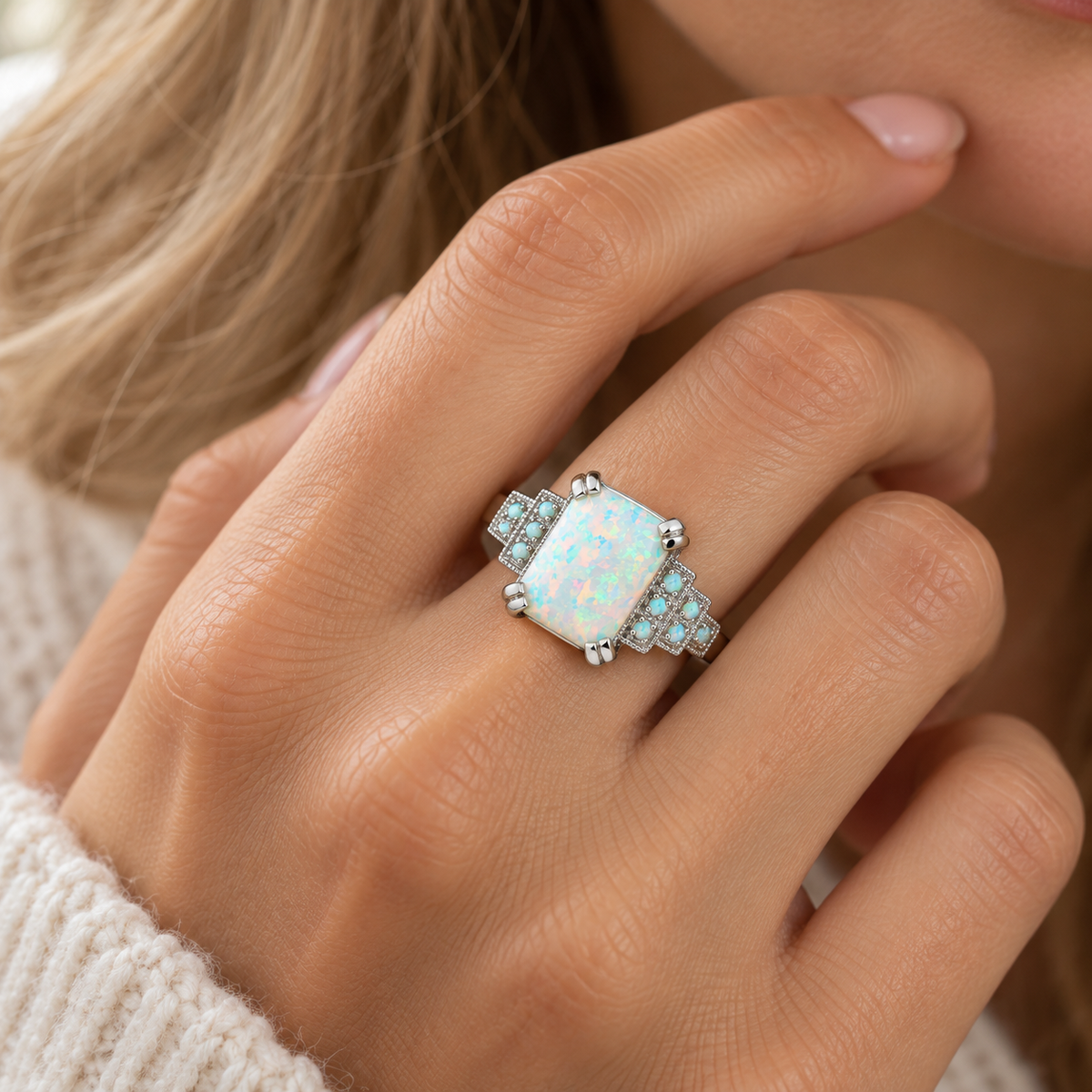 Anillo de Declaración de Damas en Estilo Art-Deco con Piedra Central Rectangular