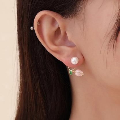 Pendientes de Perlas con Tulipanes - Pendientes de Perlas con Flores Violeta