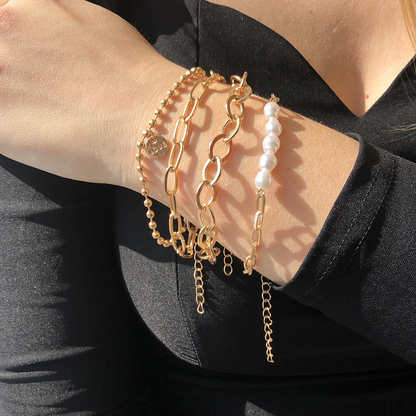 Conjunto de pulsera de perlas doradas de 3 piezas - conjunto de cadena grande
