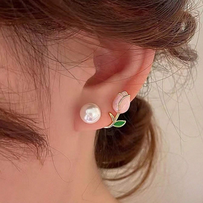 Pendientes de Perlas con Tulipanes - Pendientes de Perlas con Flores Violeta