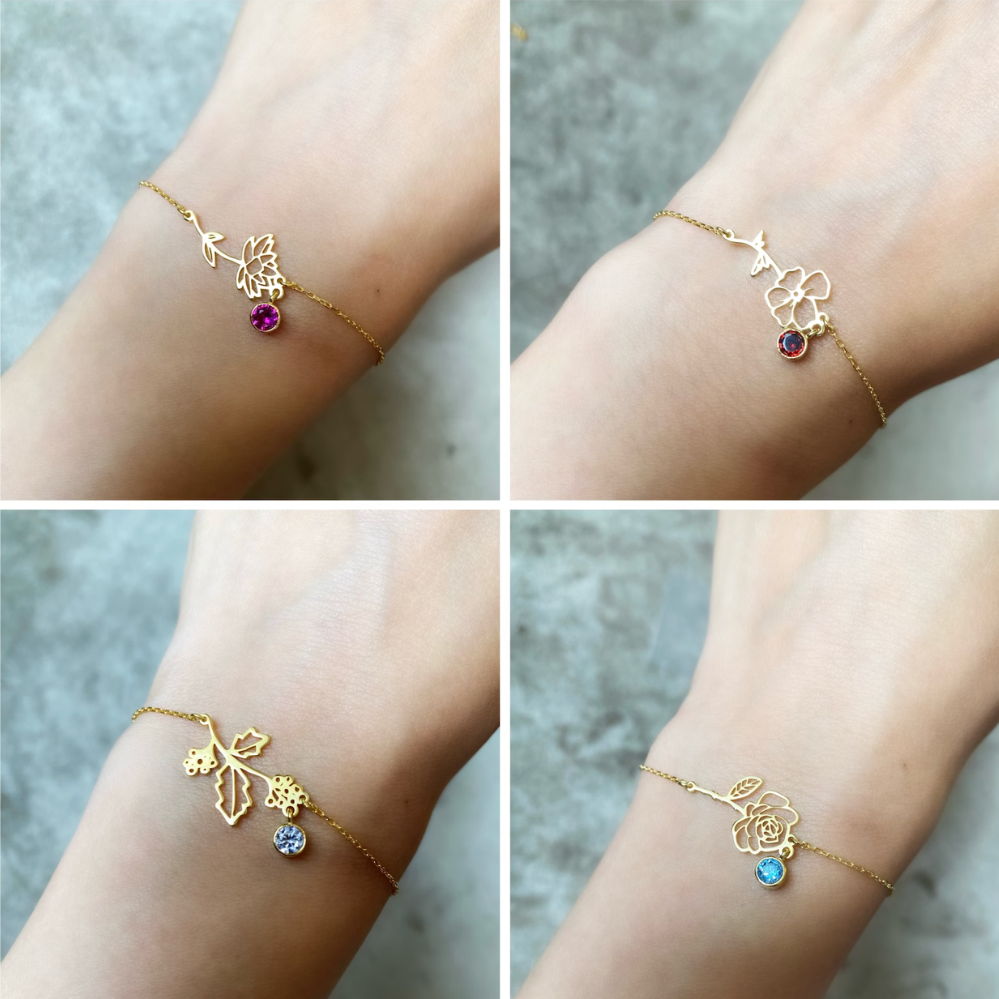 Pulsera de Cumpleaños Flor - Pulsera con Piedra de Nacimiento y Flor