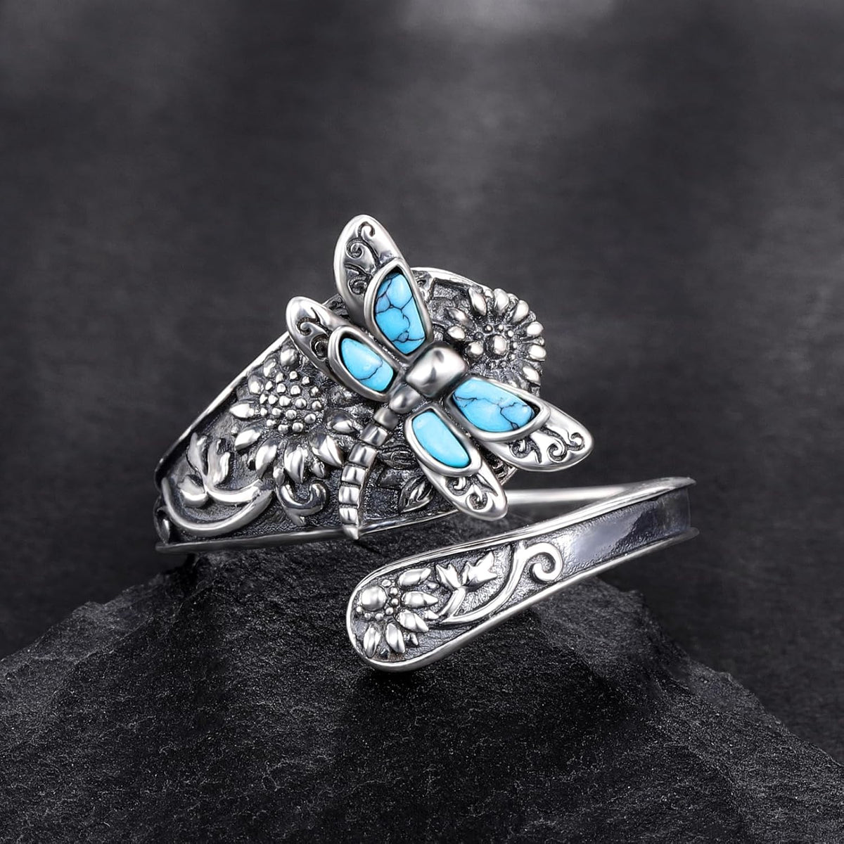 Damas Abierto Declaración-Pulsera con Motivo de Libélulas y Detalles en Relieve Florales