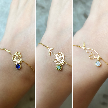 Pulsera de Cumpleaños Flor - Pulsera con Piedra de Nacimiento y Flor