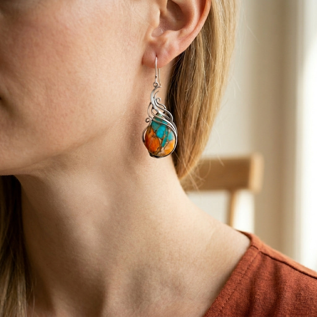 Pendientes de oreja colgantes de mujer con piedras ovales y diseño de llama curvada