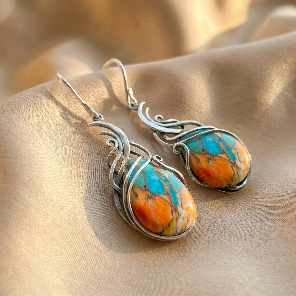 Pendientes de oreja colgantes de mujer con piedras ovales y diseño de llama curvada