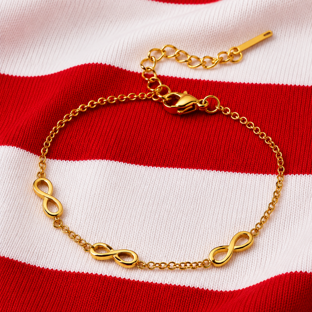 Pulsera Infinito para Damas con Tres Símbolos y Fina Estructura de Cadena