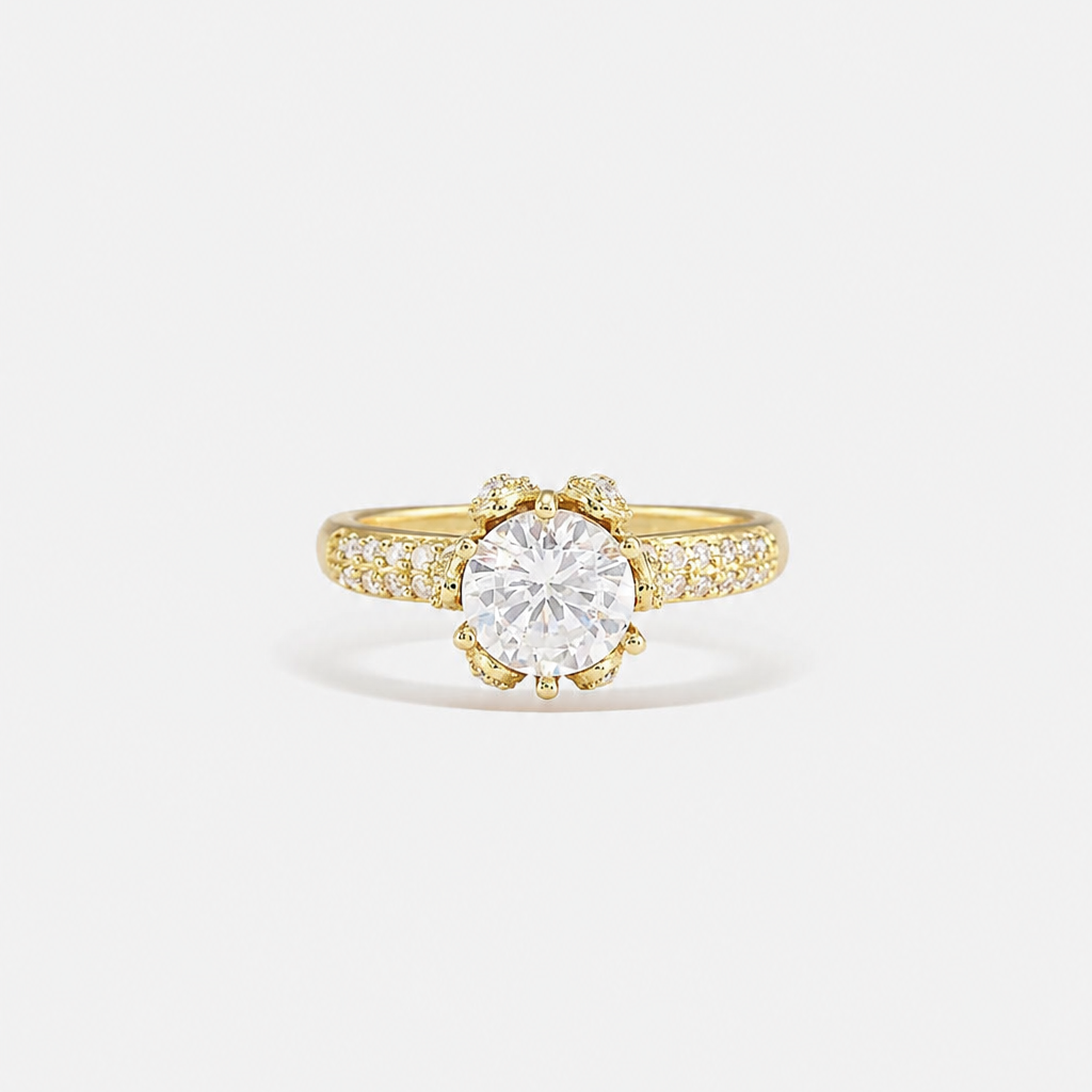 Anillo Solitaire de Dama con Piedra Central Redonda y Banda con Pavé