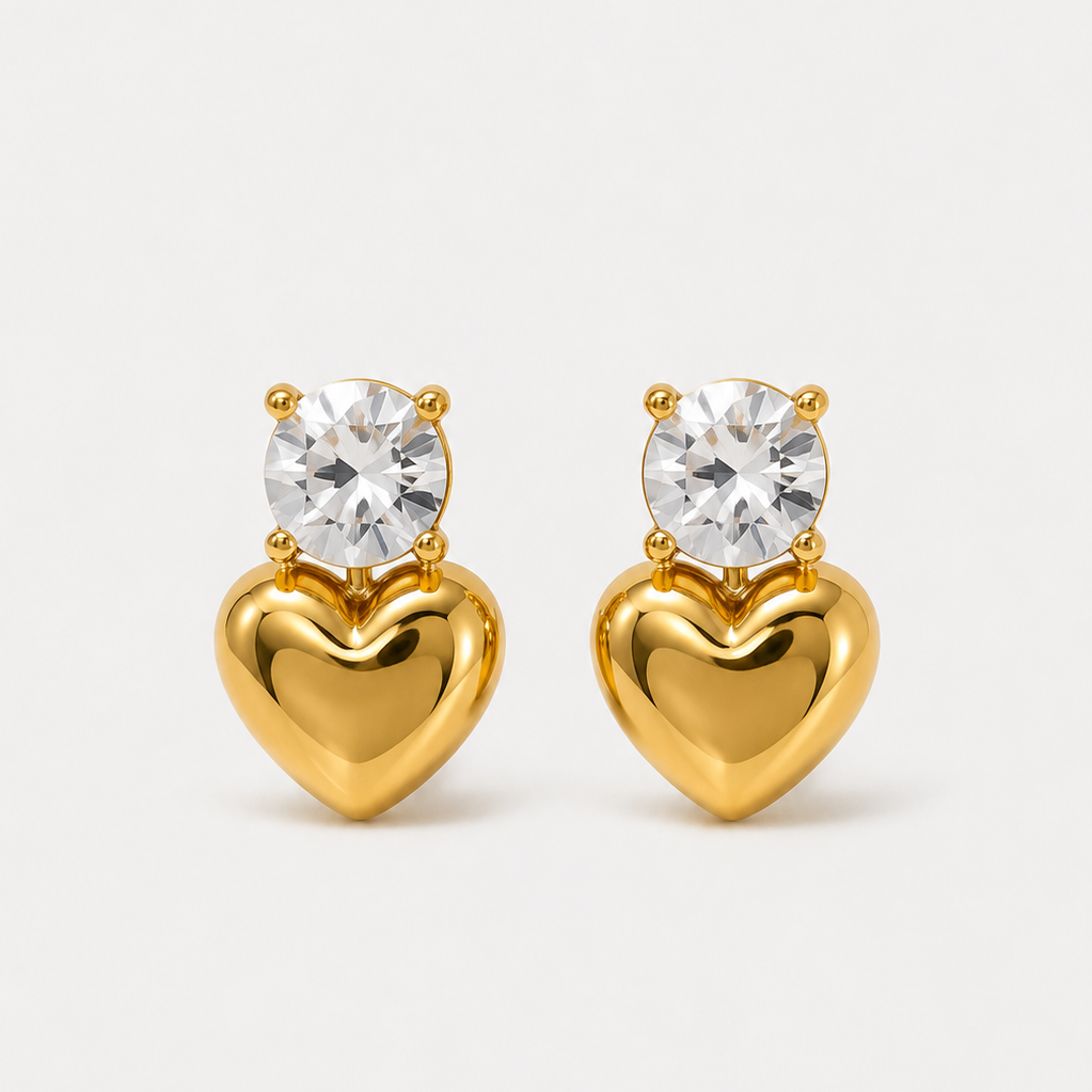 Pendientes de Corazón para Mujer con Acento de Piedra Redonda y Colgante de Corazón Pulido