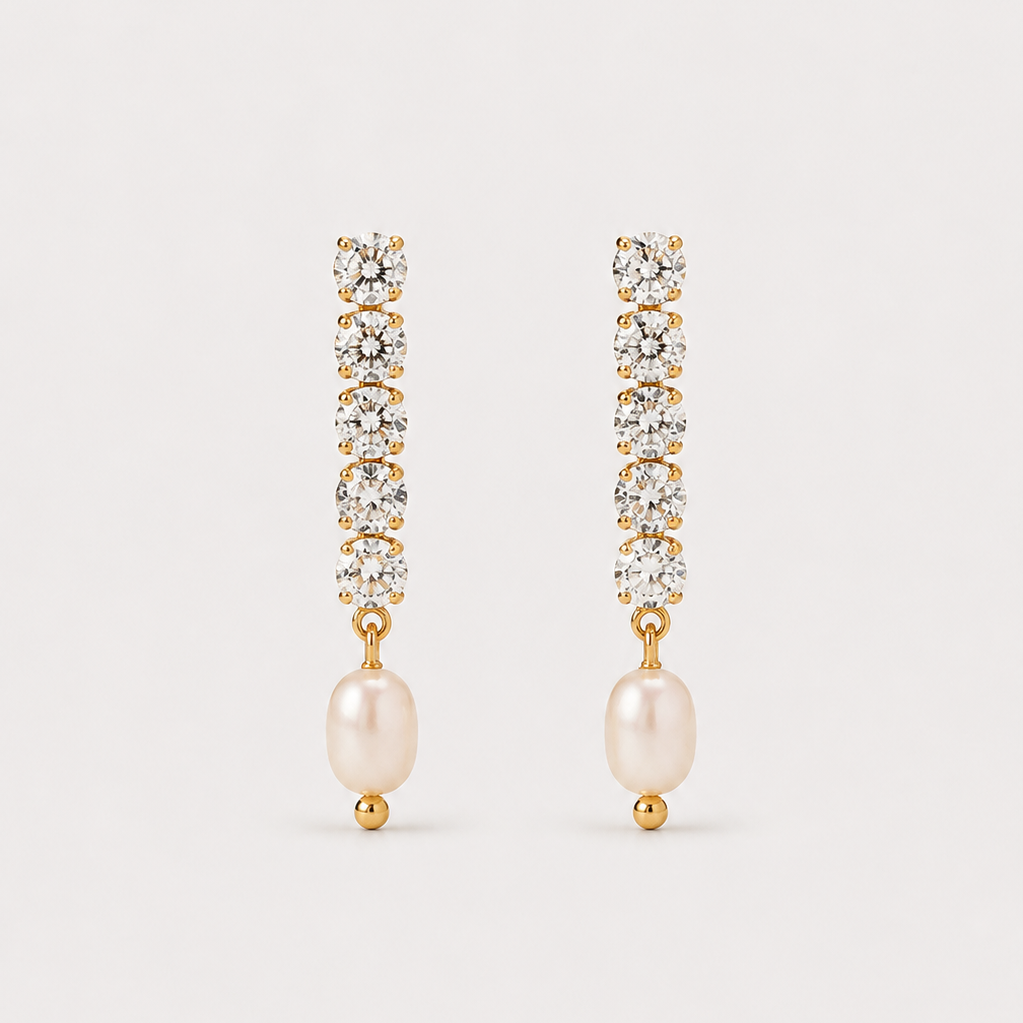 Pendientes de Mujer con Fila Vertical de Piedras y Colgante de Perla Redonda