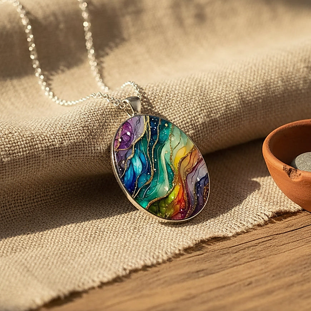 Collar con colgante de mujer con motivo artístico ovalado y líneas curvas