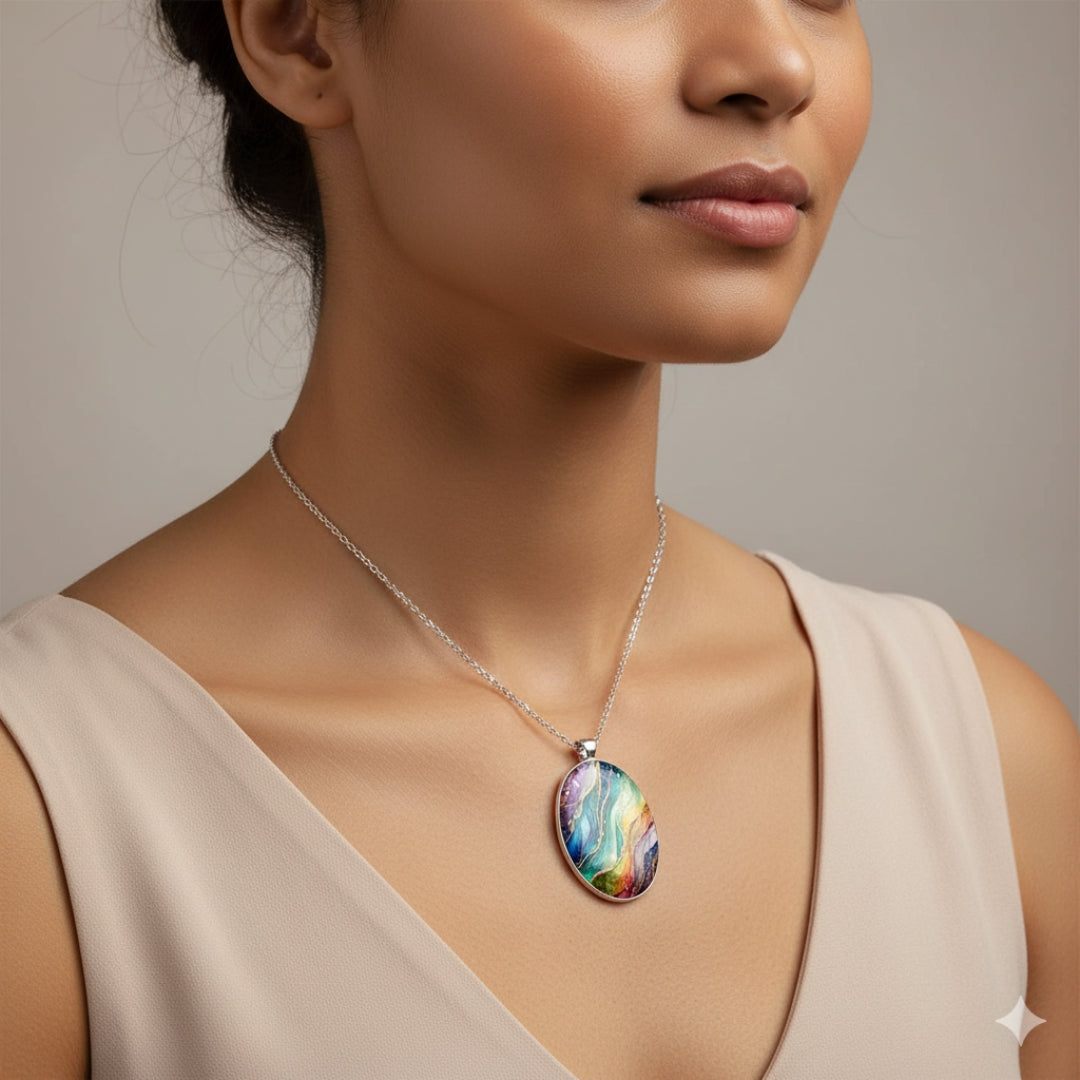 Collar con colgante de mujer con motivo artístico ovalado y líneas curvas