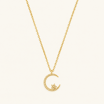 Collar de Mujer con Luna y Estrella con Colgante Curvado y Acentos de Piedra