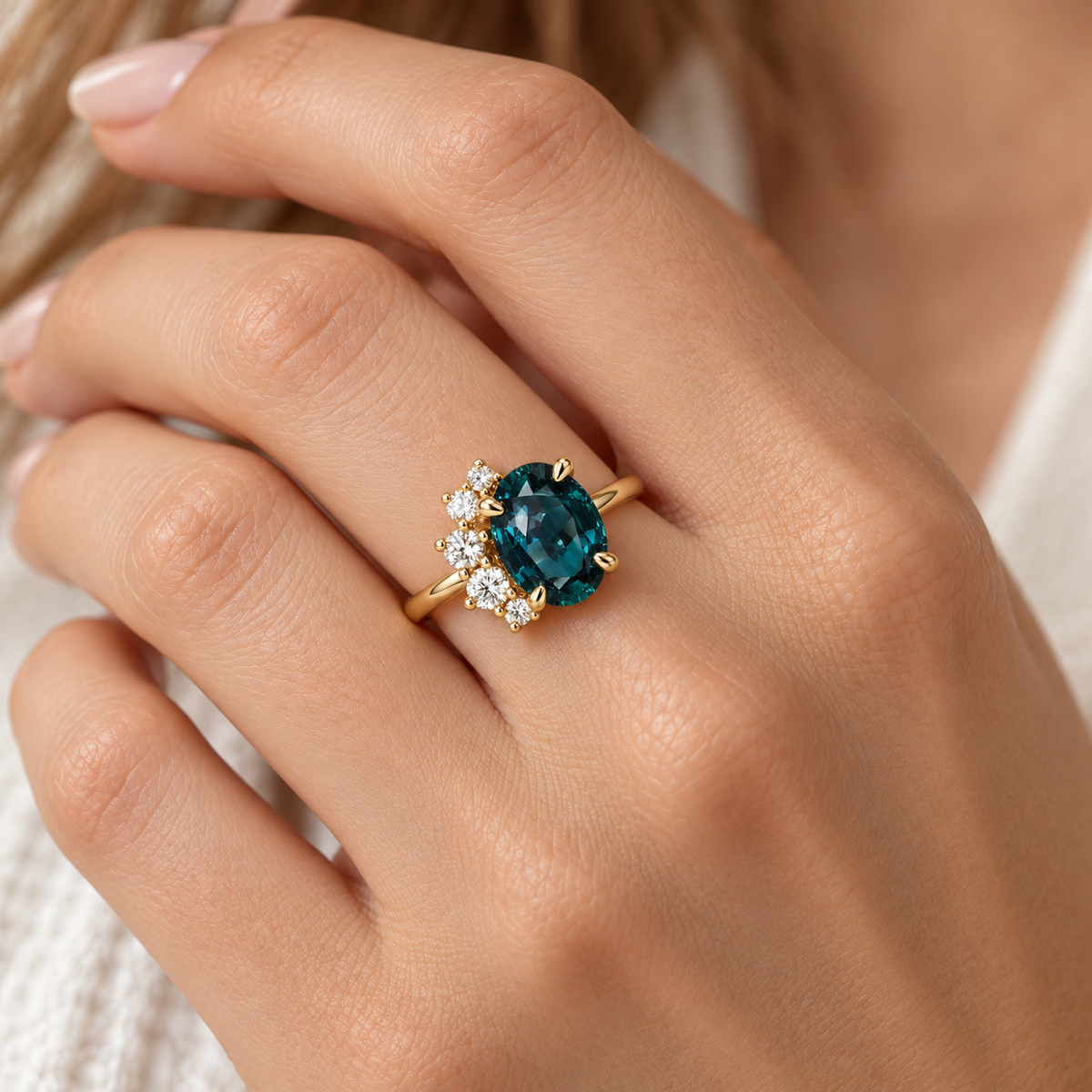 Anillo Statement para Mujeres con Piedra Central Ovalada y Acentos Asimétricos