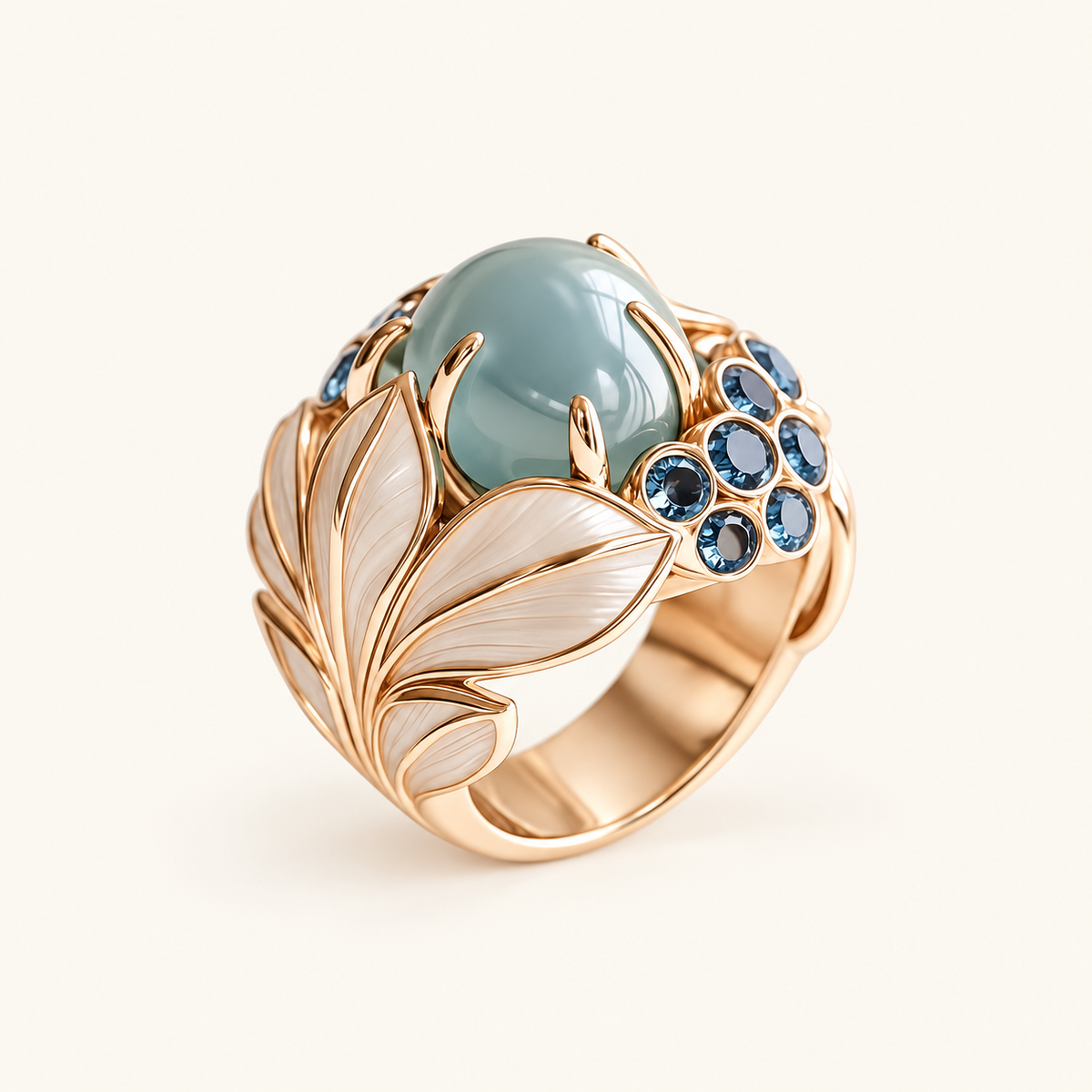 Anillo de Declaración de Damas con Pieza Central Ovalada y Detalles de Hojas Florales