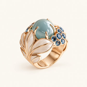 Anillo de Declaración de Damas con Pieza Central Ovalada y Detalles de Hojas Florales