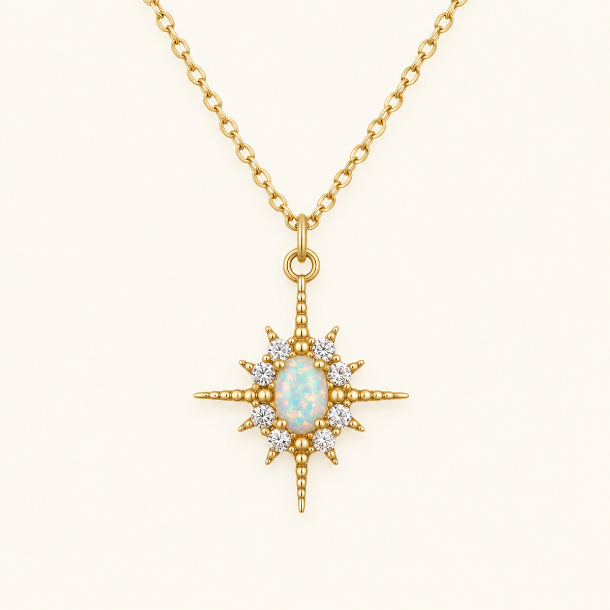 Collar Colgante Damas con Piedra Central Ovalada y Diseño de Rayos de Estrella