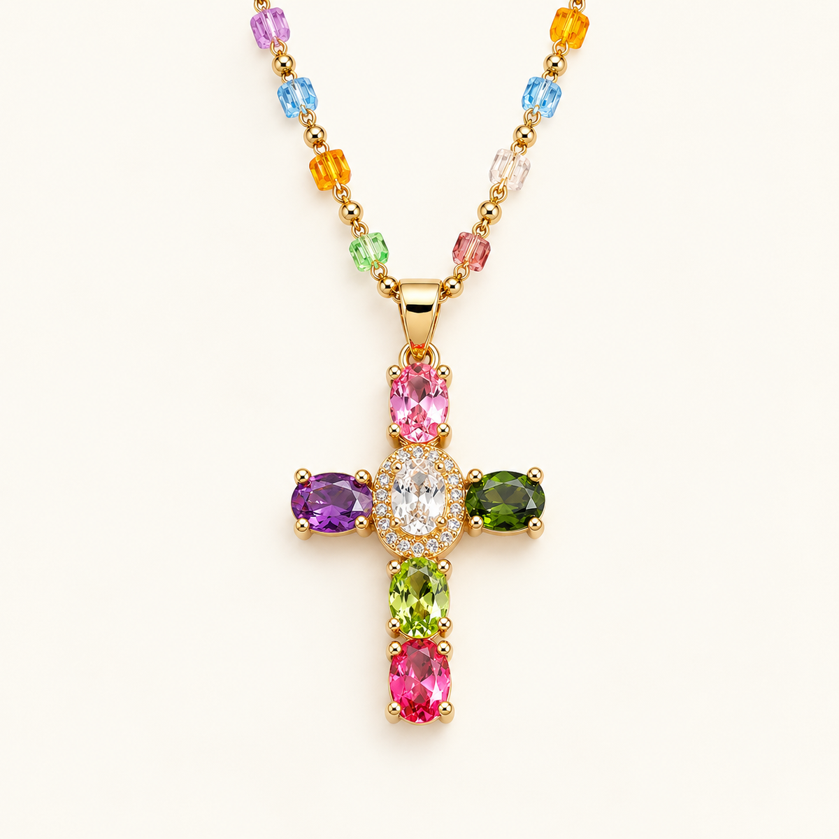 Collar de Cruz para Mujeres con Incrustaciones de Piedras Multicolores