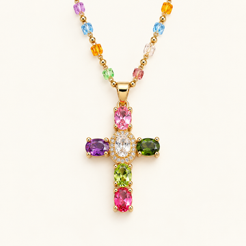 Collar de Cruz para Mujeres con Incrustaciones de Piedras Multicolores
