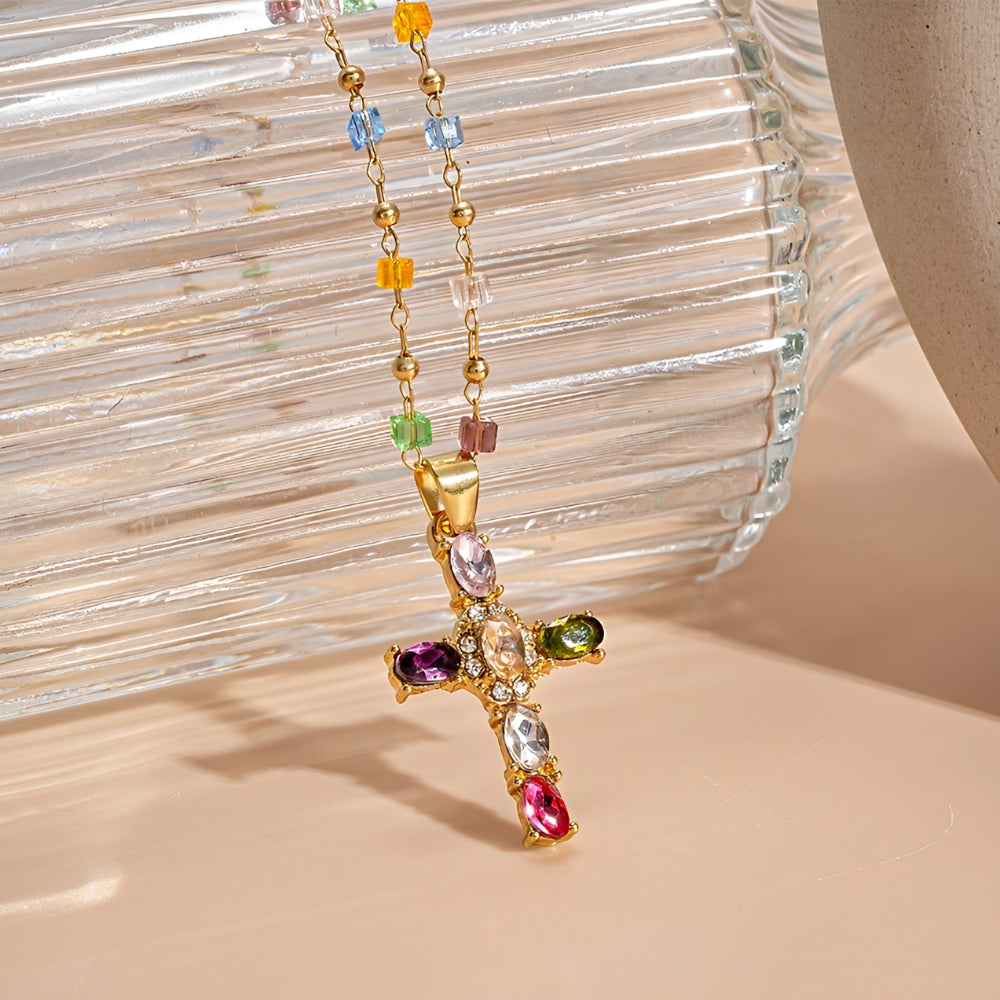 Collar de Cruz para Mujeres con Incrustaciones de Piedras Multicolores