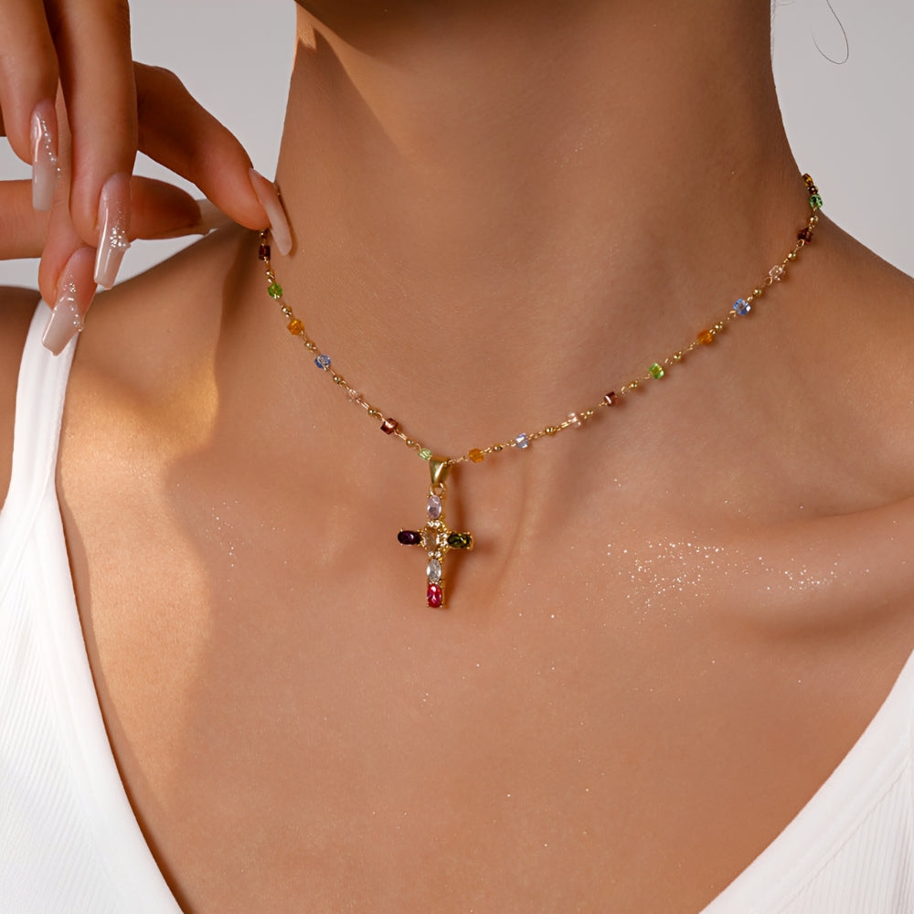 Collar de Cruz para Mujeres con Incrustaciones de Piedras Multicolores