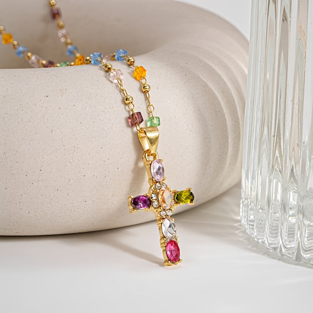 Collar de Cruz para Mujeres con Incrustaciones de Piedras Multicolores