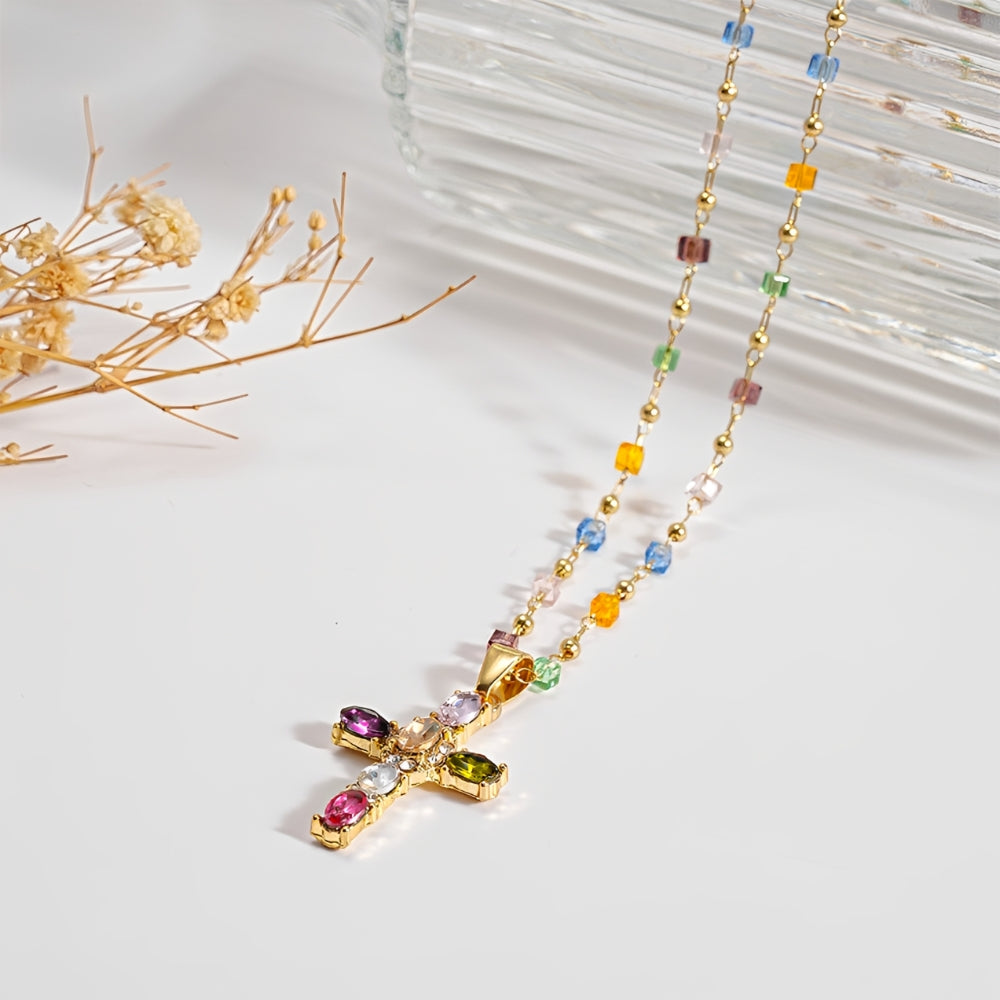 Collar de Cruz para Mujeres con Incrustaciones de Piedras Multicolores