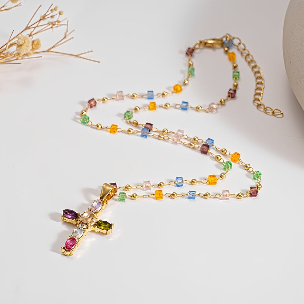 Collar de Cruz para Mujeres con Incrustaciones de Piedras Multicolores