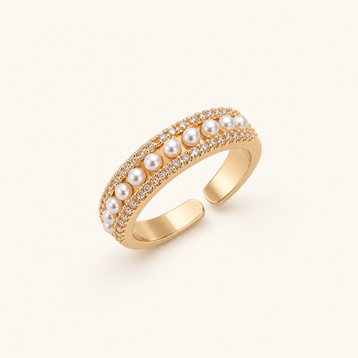 Anillo Ajustable para Mujer con Diseño Abierto, Detalle de Perlas y Acentos de Piedra