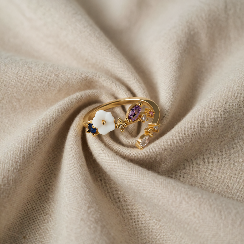 Damas Anillo Abierto Ajustable con Motivo Floral y Acentos de Piedra