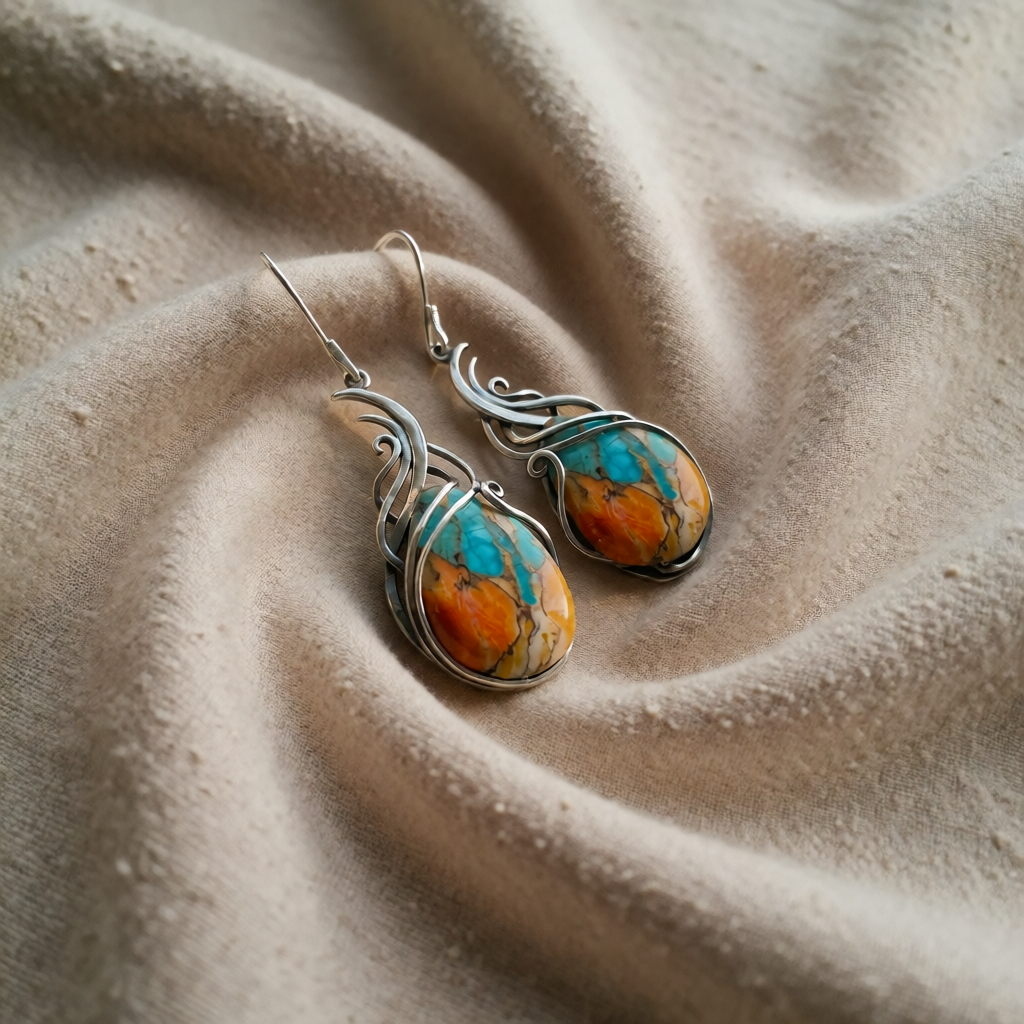 Pendientes de oreja colgantes de mujer con piedras ovales y diseño de llama curvada