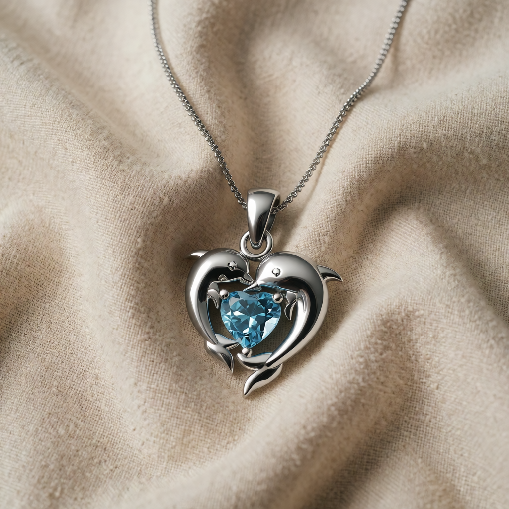 Collar con Colgante para Mujeres con Motivo de Delfines y Corazón Facetado