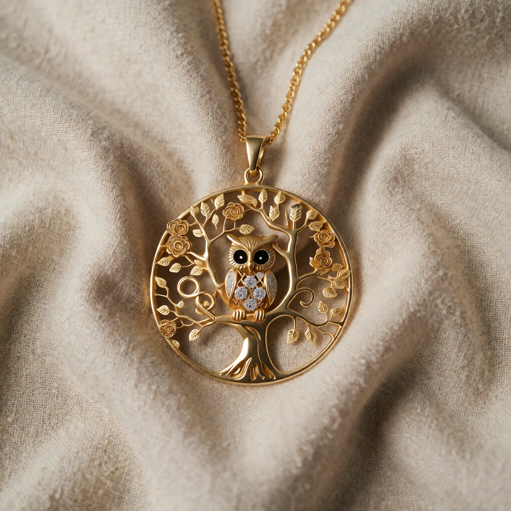 Collar con Colgante para Mujeres con Motivo de Árbol de la Vida y Búho