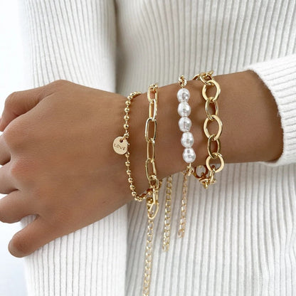 Conjunto de pulsera de perlas doradas de 3 piezas - conjunto de cadena grande