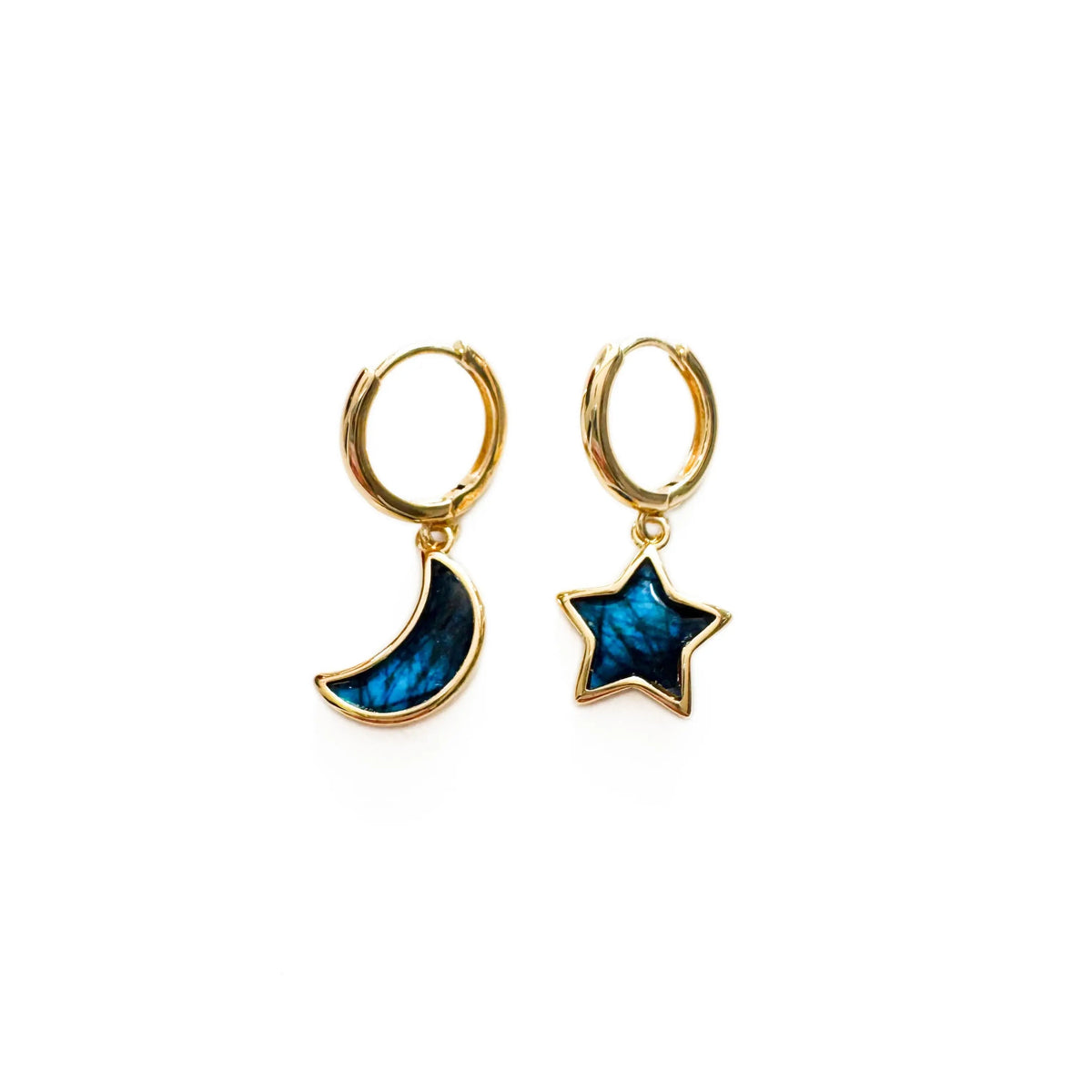 Pendientes Mismatch-Hoop para Damas con Colgante de Luna y Estrella y Emaille Marmoleada