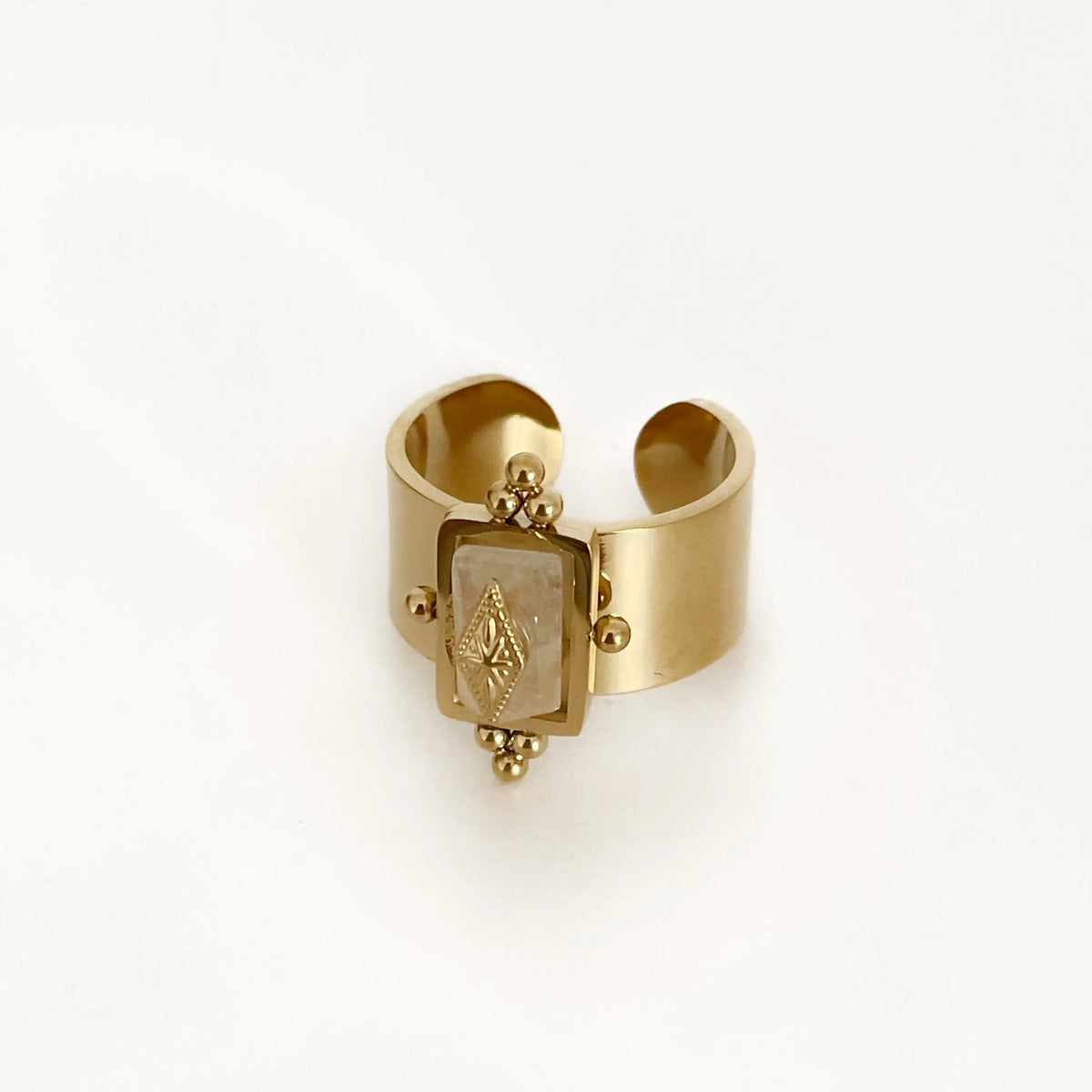 Anillo de declaración ajustable para mujeres con ancho de banda y piedra central irregular