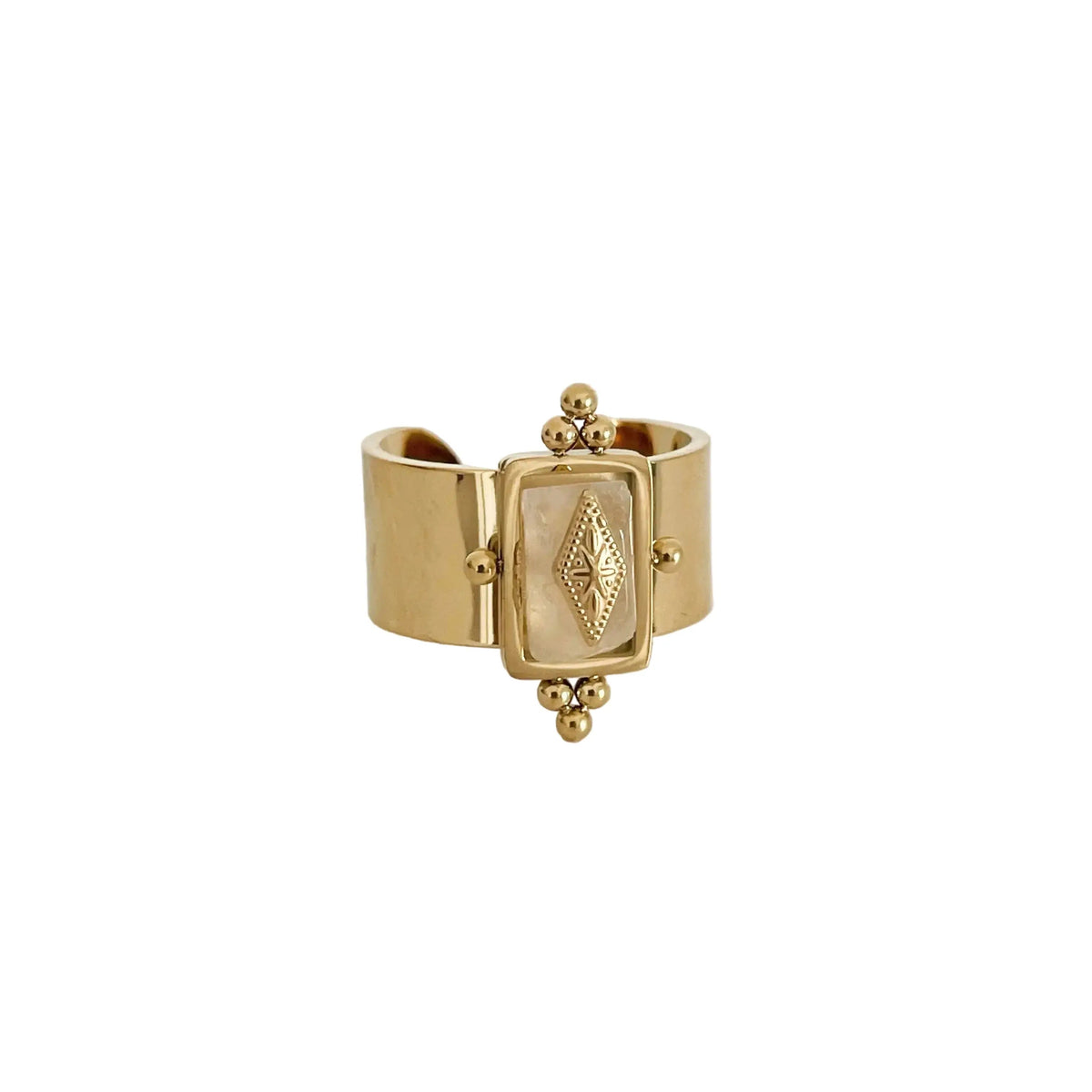 Anillo de declaración ajustable para mujeres con ancho de banda y piedra central irregular