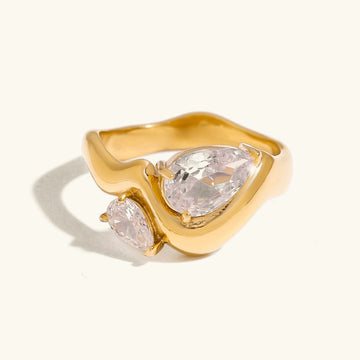 Anillo de Declaración Femenino con Dos Piedras en Forma de Gota y Banda Curvada
