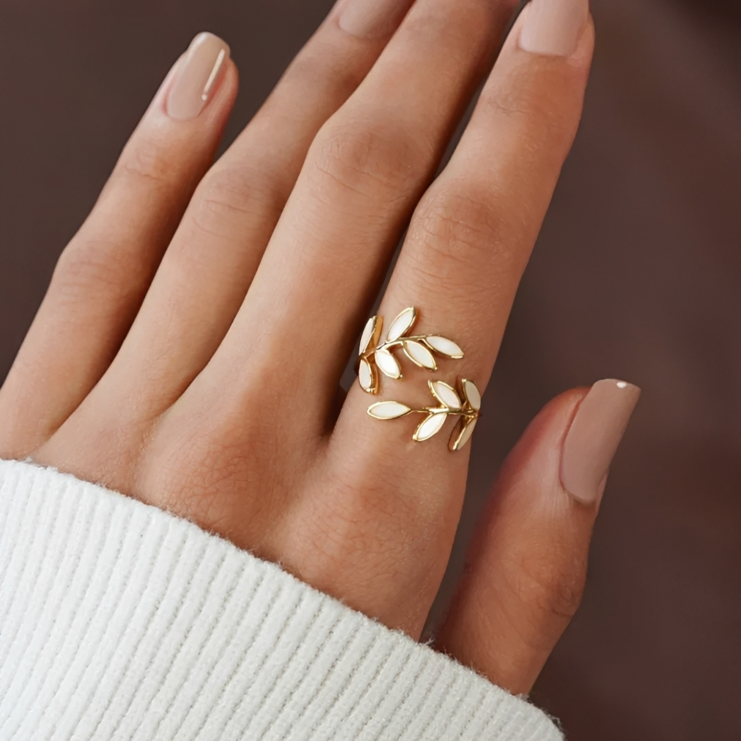 Anillo ajustable para mujeres con diseño de hojas y piedra decorativa