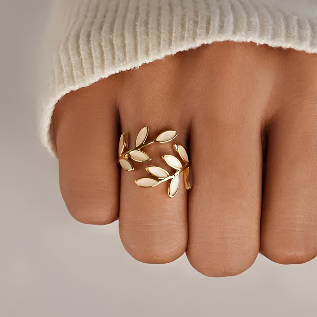 Anillo ajustable para mujeres con diseño de hojas y piedra decorativa