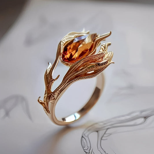 Cess – Anillo Dorado Cristal Naranja Exótico