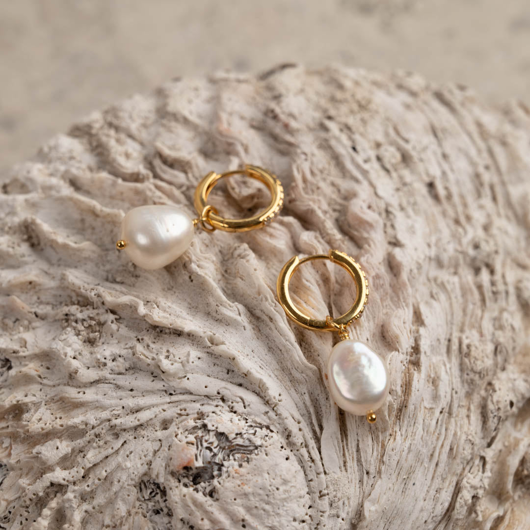 Pendientes de perlas de circonio - Circonio dorado con perlas