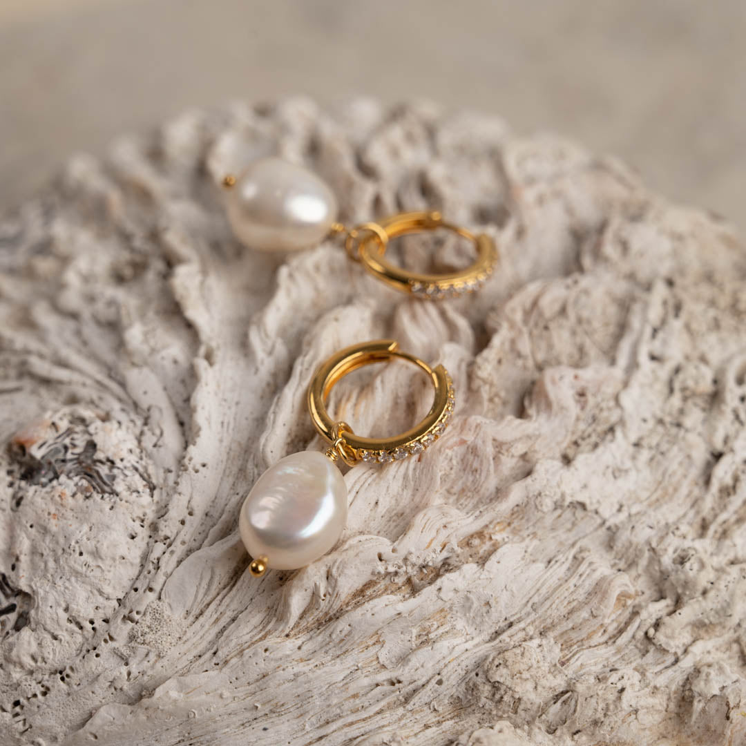 Pendientes de perlas de circonio - Circonio dorado con perlas