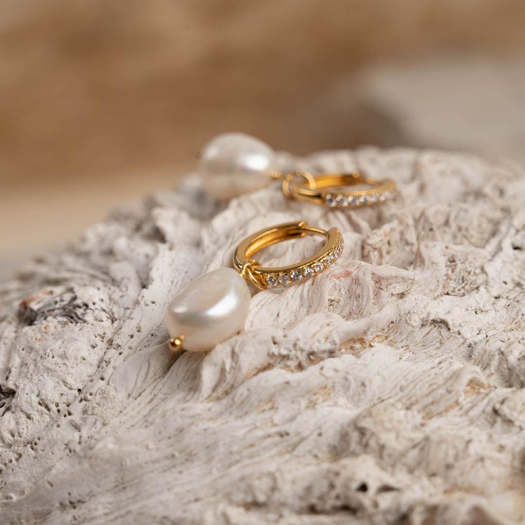 Pendientes de perlas de circonio - Circonio dorado con perlas