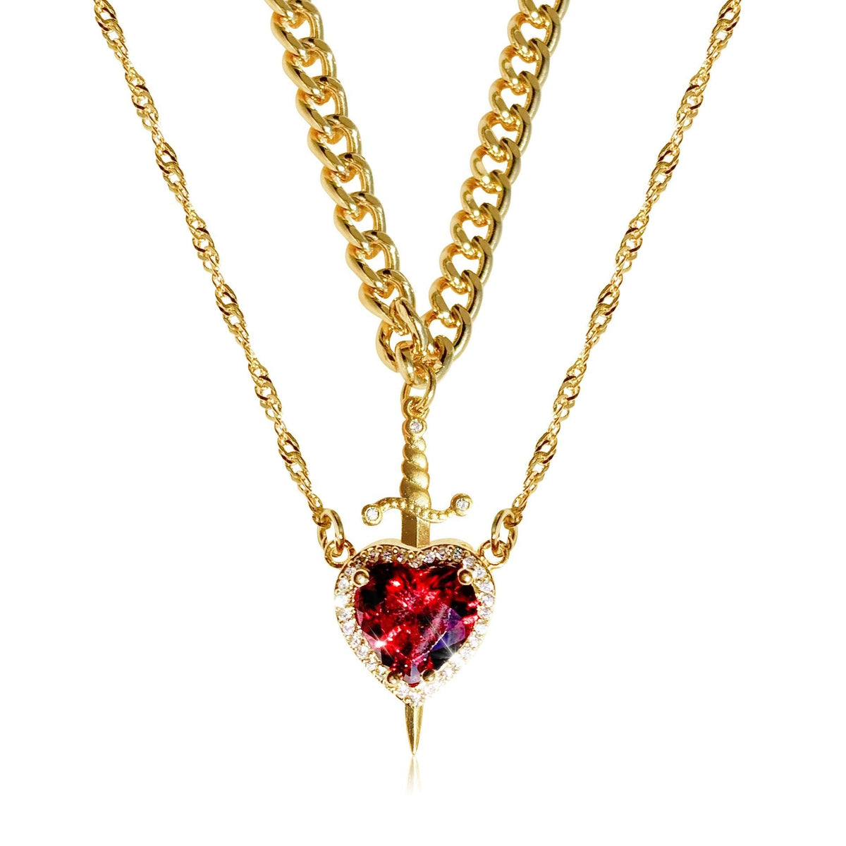Conjunto de 2 collares para mujeres con colgantes de corazón y espada